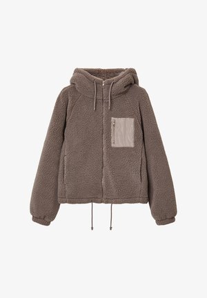 Veste en polaire marron avec capuche, dotée d'une poche poitrine zippée et d'un ourlet ajustable à cordon. Texture douce et coupe décontractée.
