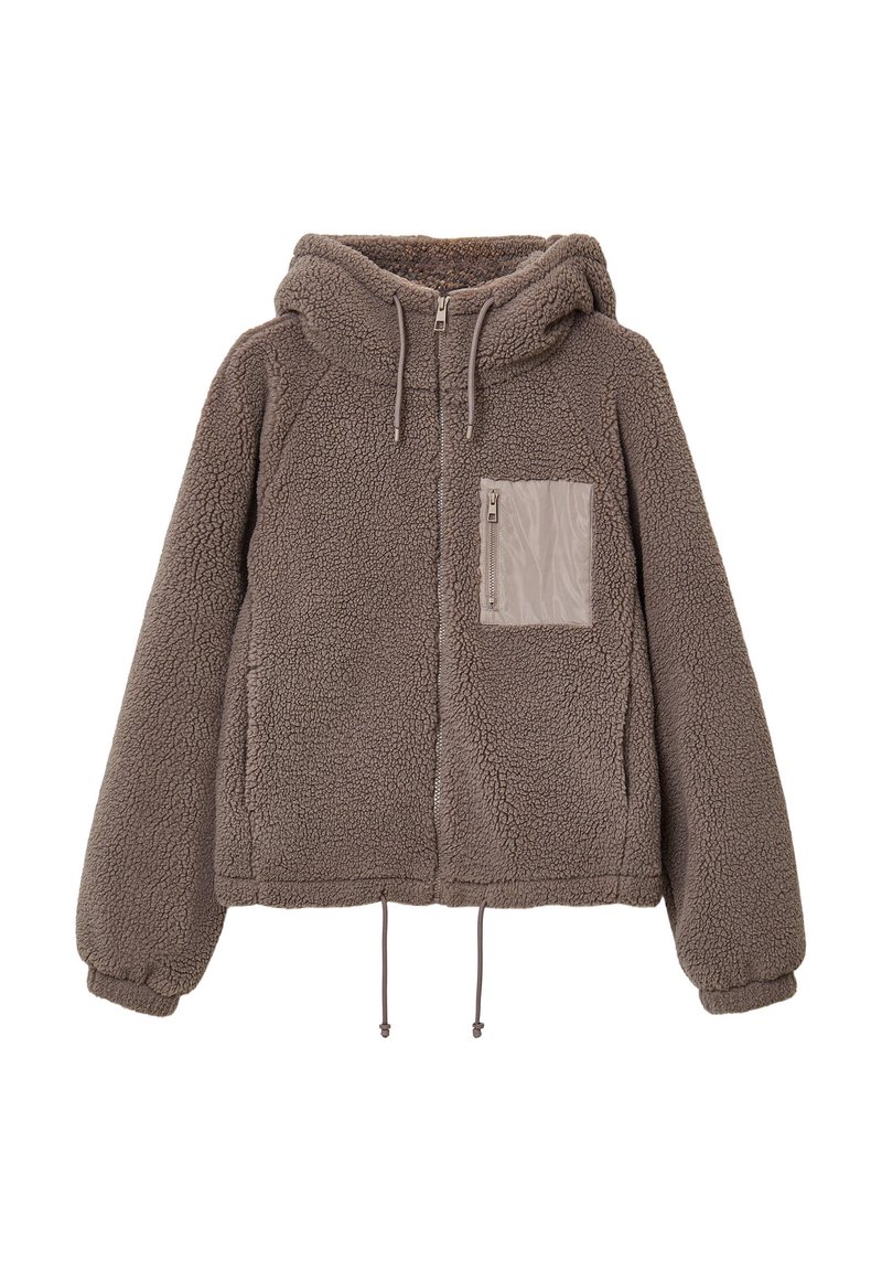 Veste en polaire marron avec capuche, dotée d'une poche poitrine zippée et d'un ourlet ajustable à cordon. Texture douce et coupe décontractée.