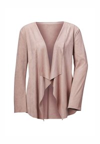 Helle rosa, Kunstwildlederjacke mit offenem Vorderteil, langen Ärmeln und fließendem Fall. Glatte Textur ohne sichtbare Verschlüsse oder Muster.