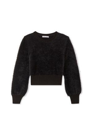 Maglione corto nero in tessuto testurizzato e soffice. Presenta un collo rotondo e polsini a coste. Materiale morbido, design leggero.
