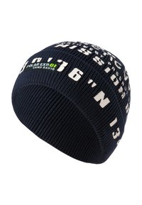 Navy knit beanie with textured fabric. Features white printed numbers and text, including "POLAR EXP 01 CAMP DAVID" on a label.