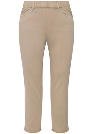 Pantaloni cropped beige con vita elasticizzata, tasche frontali e orlo sfilacciato. Realizzati in un tessuto morbido ed elastico per il massimo comfort.