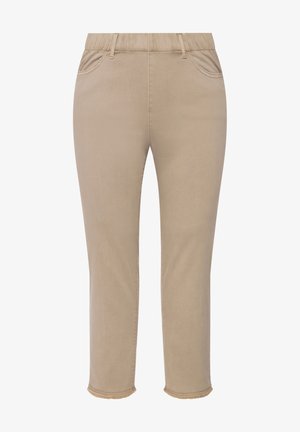 Beige shortsit, joissa on joustava vyötärö, etutaskut ja revitty helma. Valmistettu sileästä ja venyvästä kankaasta mukavuutta varten.