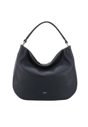 Marineblaue Lederhandtasche mit lässigem Design, einem einzelnen oberen Griff und dezentem goldfarbenem Logo auf der Vorderseite. Weiche, strukturierte Oberfläche.