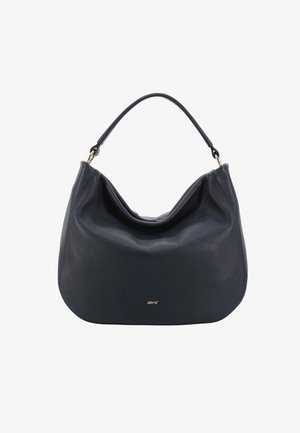 Marineblaue Lederhandtasche mit lässigem Design, einem einzelnen oberen Griff und dezentem goldfarbenem Logo auf der Vorderseite. Weiche, strukturierte Oberfläche.