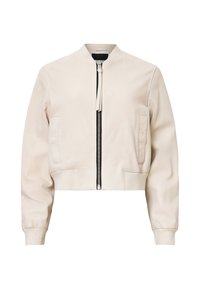 Veste bomber courte couleur crème avec fermeture éclair frontale et poches latérales, poignets et col côtelés, présentée sur fond blanc.