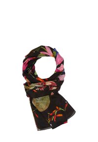 Foulard di seta con uno sfondo nero e una stampa floreale vivace nei colori rosa, verde e arancio. Design leggero e fluente con una texture morbida.