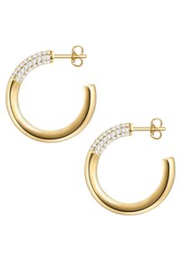 Zlati obroči za ušesa s teksturirano sekcijo, okrašeni s prozornimi kristali, ki nudijo gladek, sijoč zaključek in varen zatič.