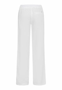 Witte, lichte, losse broek met een elastische tailleband en een enkele achterzak. Gelaagd stof met een zachte afwerking.