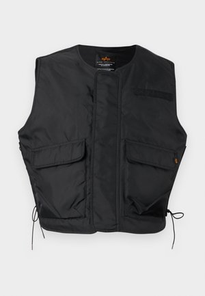 Veste utilitaire noire sans manches avec deux poches à rabat à l'avant, cordons de serrage à l'ourlet et col rond.