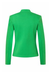 Grüne, strukturierte Taillierte Jacke mit hohem Kragen und langen Ärmeln. Saubere Linien und keine sichtbaren Verschlüsse, die eine glatte Silhouette präsentieren.