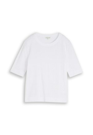 Weißes kurzärmeliges T-Shirt mit Rundhalsausschnitt und geradem Saum, flach auf weißem Hintergrund präsentiert.