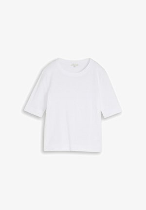 Weißes kurzärmeliges T-Shirt mit Rundhalsausschnitt und geradem Saum, flach auf weißem Hintergrund präsentiert.