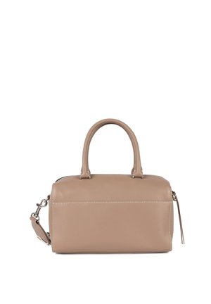 Borsa a tracolla in pelle beige con due manici tondi, tracolla removibile e chiusura con zip. Presenta cuciture a contrasto e una texture liscia.
