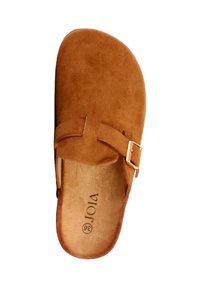 Sandale en daim marron à enfiler avec une seule bride réglable à boucle dorée, taille 36, et semelle intérieure marquée "Viora".