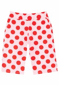 Pantalones cortos rosas con grandes lunares rojos, con una cinturilla y bolsillos laterales. La tela parece suave y ligera.