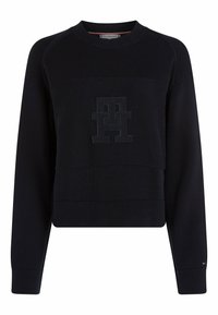 Marineblauer Strickpullover mit geripptem Rundhalsausschnitt, Bündchen, Saum und großem, einfarbigem "TH"-Logo auf der Brust.