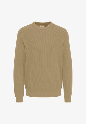 Bežani rebrasti pulover s okruglim izrezom, dugim rukavima i uskim manžetama. Mekana tekstura s opuštenom siluetom i oznakom vidljivom na vratu.