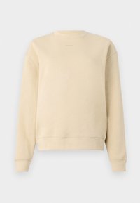 Felpa in cotone beige con maniche lunghe, collo a giro, e polsini a coste. Presenta un piccolo logo in una tonalità contrastante vicino al collo.