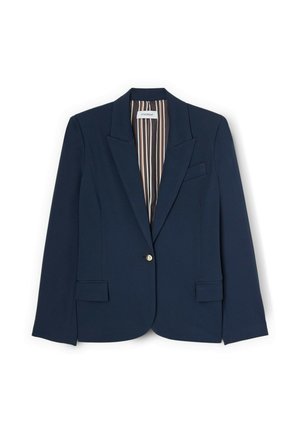 Blazer blu navy con un solo bottone d'oro, risvolti a notched, due tasche frontali con patta e fodera interna a righe.