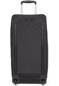 Musta kangasmatkalaukku, jossa on vedettävä kahva, kiinteä muotoilu, kaksi pystysuoraa sivuputkea ja neljä pyörivää pyörää, jotka helpottavat liikkuvuutta.