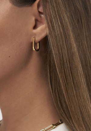 Orecchino rettangolare d'oro indossato all'orecchio sinistro, con capelli castani chiari e lisci e una collana di maglie d'oro spessa visibile.