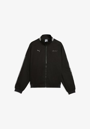 Czarna kurtka na zamek z kołnierzem w kratę, logo Puma na lewej piersi oraz nadrukowany wzór na obu rękawach.