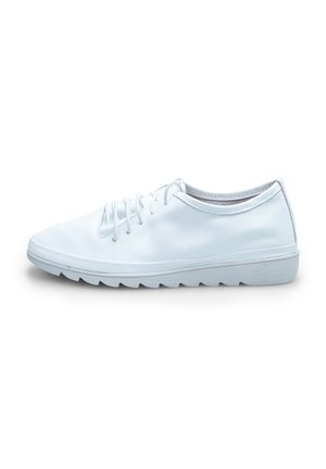 White leather sneakers with a rounded shape, flat rubber sole, and six eyelets for laces. Smooth texture, minimal design, no visible patterns.