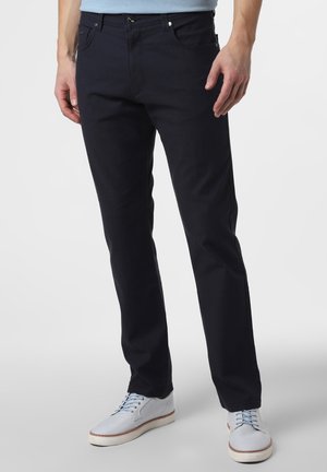 Navy blue cotton blend trousers with a straight fit, featuring front pockets, a button closure, and a smooth texture.