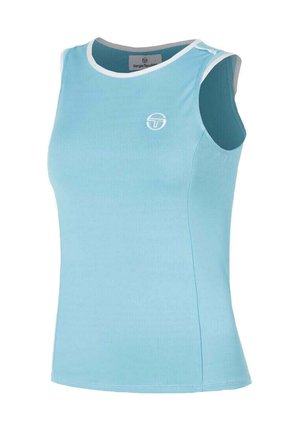 Top atletico senza maniche azzurro chiaro con bordi bianchi intorno al collo e alle aperture delle braccia, con piccolo logo circolare bianco sul petto.