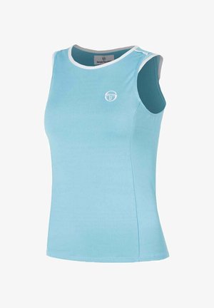 Camiseta deportiva sin mangas de color azul claro con ribete blanco alrededor del cuello y las sisas, con un pequeño logo circular blanco en el pecho.