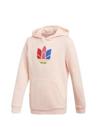 Felpa rosa pallido con cappuccio regolabile, tasca frontale e un logo multicolore che presenta elementi rossi, blu e verdi in un design floreale.