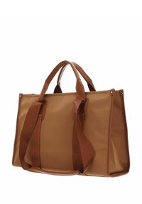 Borsa tote in tessuto marrone con manici doppi e una tracolla removibile. Presenta una forma strutturata e cuciture rinforzate.