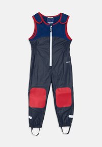 Marineblauer wasserdichter Overall mit roten Akzenten, ärmellos, mit Frontreißverschluss und roten Knie-Patches. Enthält elastische Bündchen und verstellbare Träger.