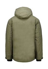 Olijfgroene geïsoleerde jas met een afneembare capuchon, elastische manchetten en een gladde textuur. Heeft een klein logo boven de rugpas.