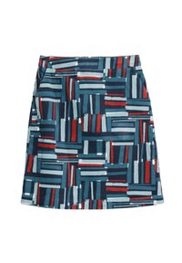 A patterned skirt featuring a blend of blue, red, and white horizontal and vertical stripes, made from a textured fabric with pockets.