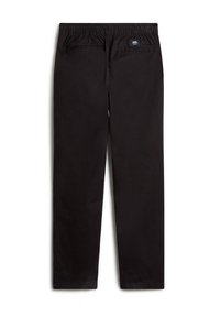 Zwarte katoenen broek met een elastische tailleband, rechte pijp en twee achterzakken. Bevat een klein merkje op de tailleband.