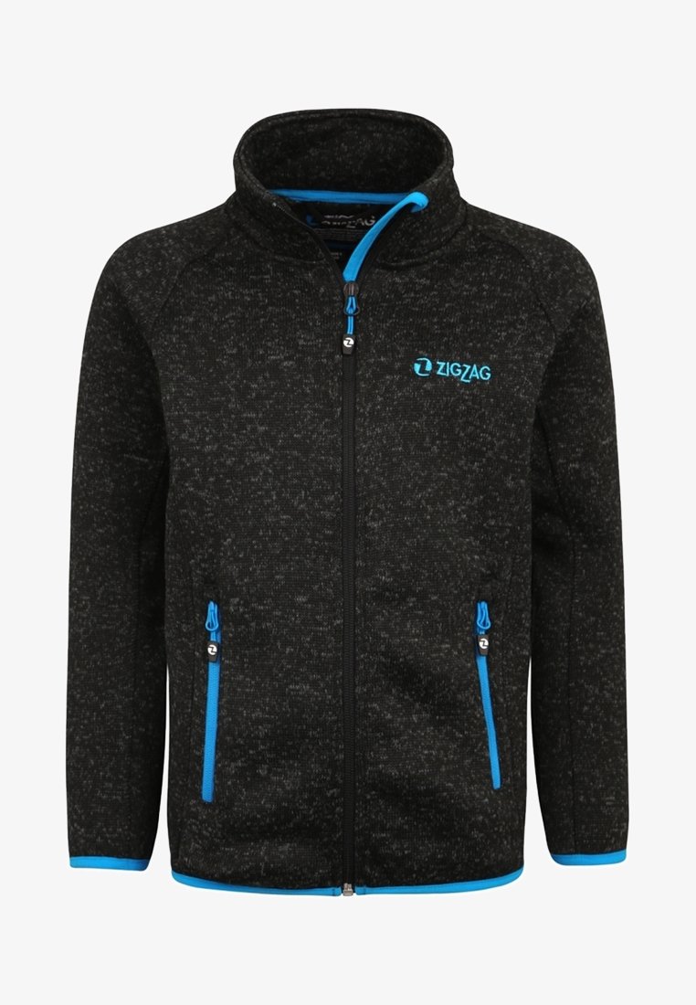 Veste noire texturée à fermeture éclair intégrale avec col montant, tirettes bleues, bordure bleue et logo « ZIGZAG » sur la poitrine gauche.