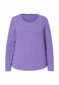 Fioletowa koszula z długim rękawem z kwiatowym wzorem, okrągłym dekoltem i miękką fakturą. Etykieta marki w kolorze czarnym na kołnierzyku.