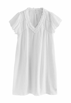 Weißes Kurzarmkleid mit V-Ausschnitt, versehen mit Rüschenbesatz und feinen Spitzenapplikationen an Ärmeln und Oberkörper.