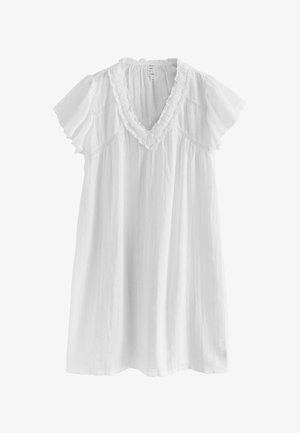 Rochie albă cu mâneci scurte și decolteu în V, cu volănașe și detalii delicate din dantelă pe mâneci și pe corset.