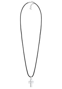 Sølv korsvedhæng på en sort snorhalskæde. Krydset har en glat, skinnende overflade med et minimalistisk design. Justerbar spænde.