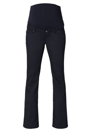 Zwangerschapsjeans in donkerblauw, met een hoge, rekbare tailleband, uitlopende pijpen en een gladde afwerking. Twee voorzakken met subtiele stiksels.