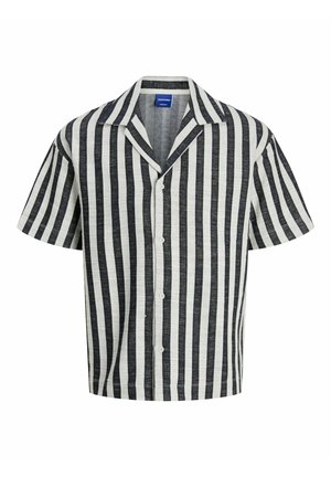 Īsām piedurknēm pogājama krekla ar melnbaltu svītru rakstu, izgatavots no teksturēta auduma, ar klasiskiem uzmadziņiem un priekšējo pogu aizdari.