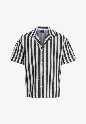 Short-sleeve button-up shirt with a black and white striped pattern, made of textured fabric, featuring a classic collar and front buttons.
