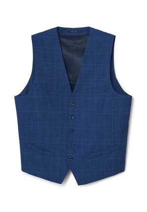 Gilet blu navy a motivo a quadri con scollo a V, chiusura con sei bottoni e due tasche frontali; il tessuto sembra avere una textura con una fodera liscia.