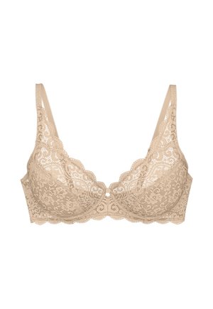 Beige čipkovaná podprsenka s kvetinovými vzormi, s kosticami, s vlnitými okrajmi a nastaviteľnými ramienkami na bielom pozadí.