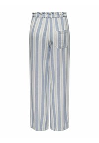 Lichte, gestreepte wijde broek in tinten blauw en wit. Elastische tailleband, achterzak, ademend materiaal, casual ontwerp.