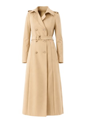 Trench coat lungo doppiopetto beige con ampi revers, cintura con bottoni, spalline sulle spalle e tasche laterali.