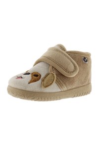 Pantofole in peluche beige con design di faccia di cane, cinturino in velcro, punta arrotondata e suola in gomma testurizzata per una presa migliore. Tessuto morbido che ricopre l'intero esterno.